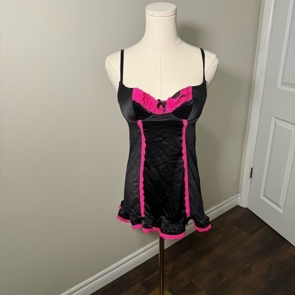 Y2K Black & Hot Pink Satin Babydoll Slip Dress • Vintage Lingerie Nightie - Picture 3 of 6